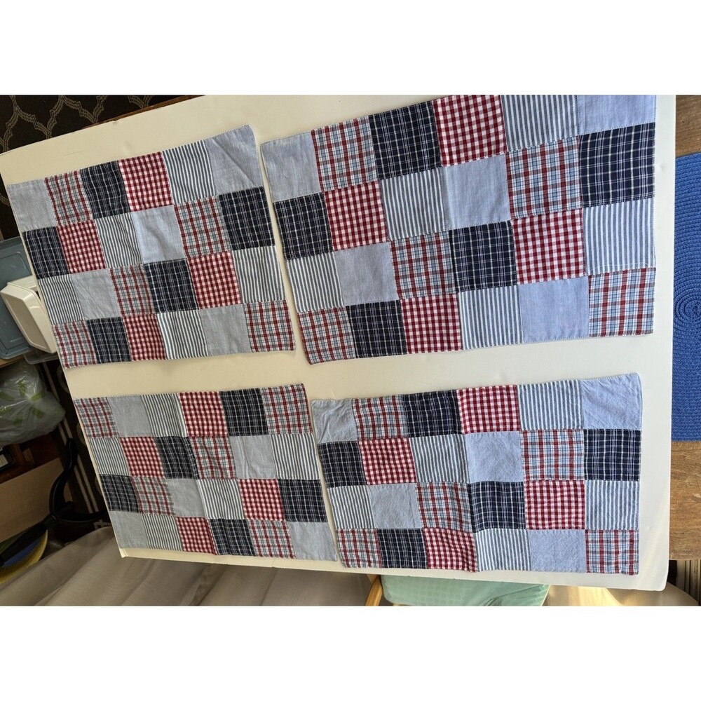 Double Sided Stripe & Patchwork Placemats Red White And Blues x 4 Cotton